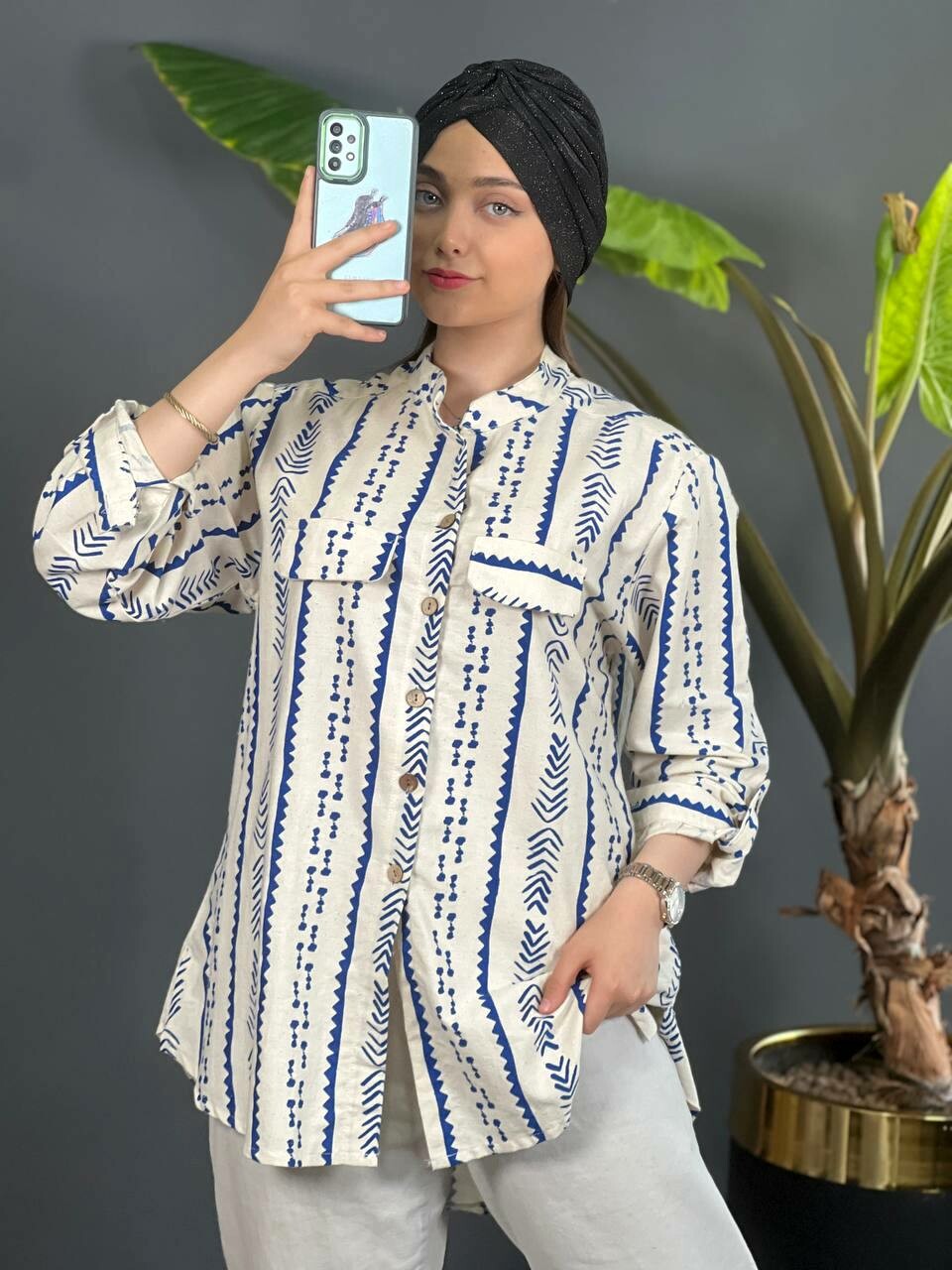 مانتو لینن دکمه چوبی 1094
