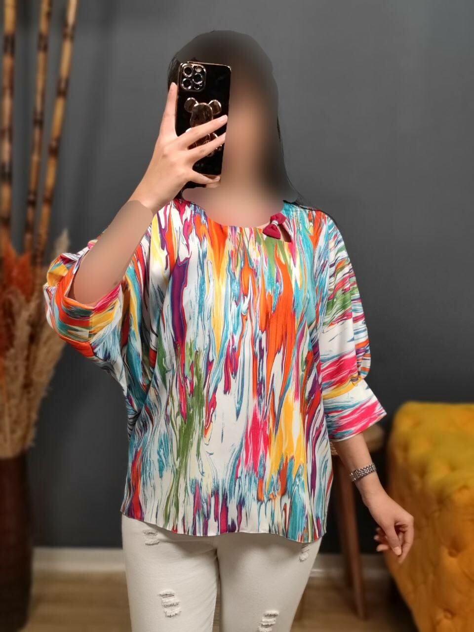 شومیز فلور آبرنگی پاپیونی 1153