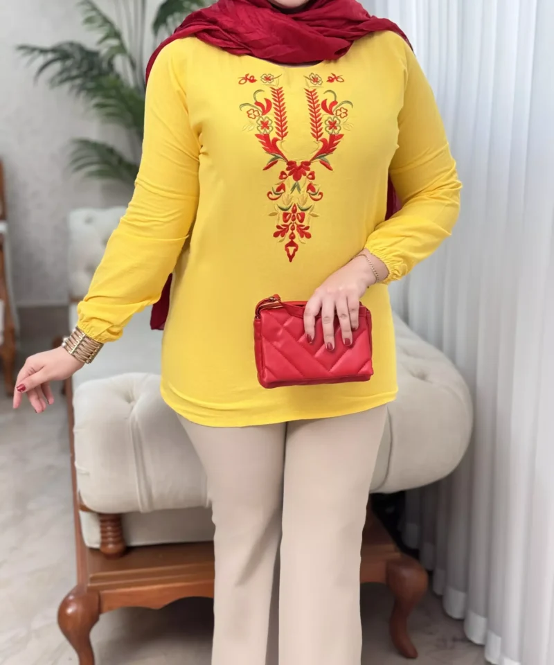 شومیز لینن گلدوزی ژینا - زرد