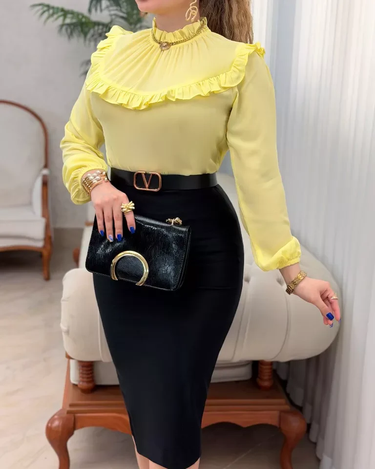 شومیز حریر یقه چین فرشته - زرد