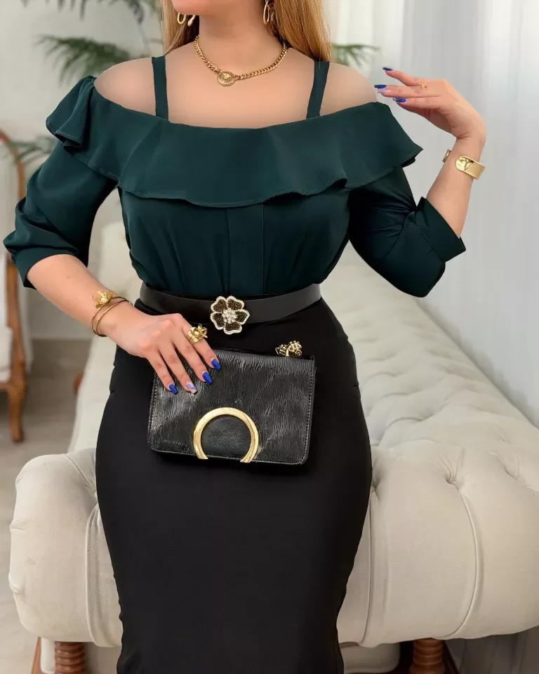 شومیز الیزه سرشانه باز عاطفه - سبز