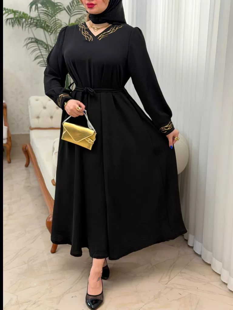 پیراهن ابروبادی یقه پولکی عاطفه - مشکی