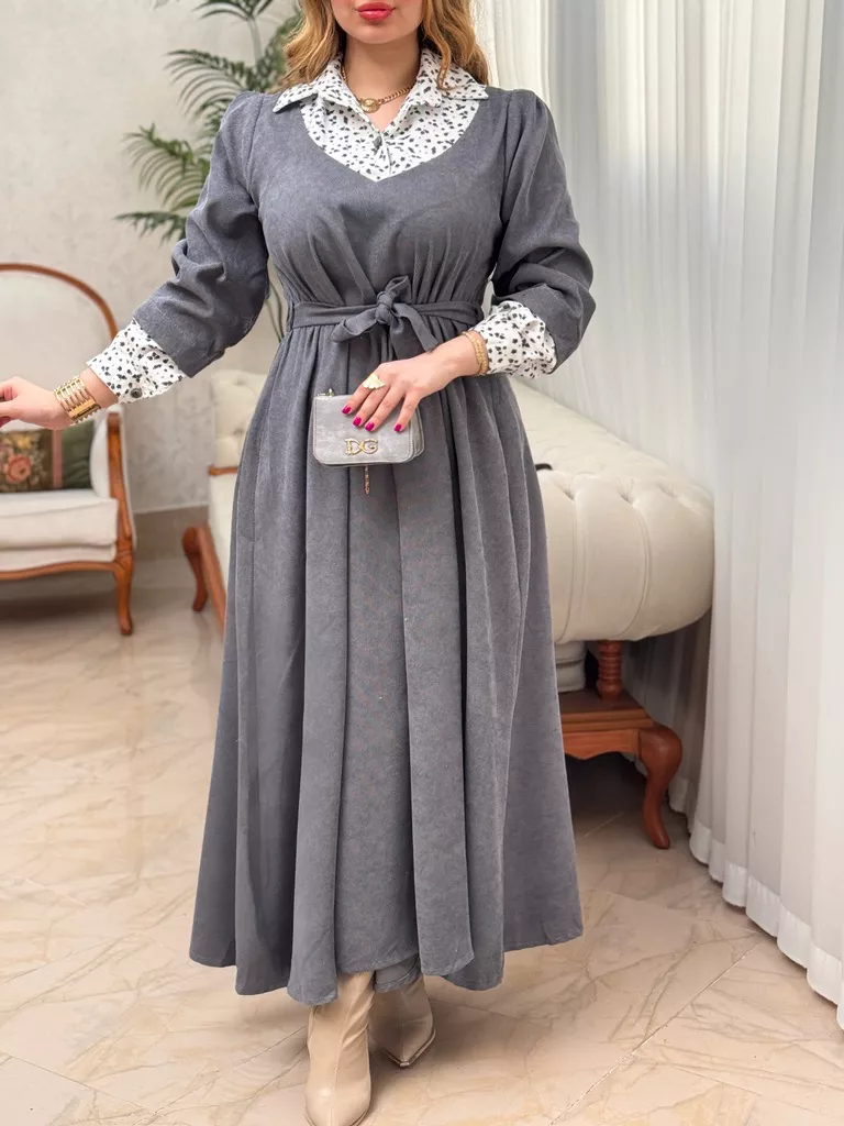 پیراهن مخمل کبریتی ایتالیایی شادی - طوسی