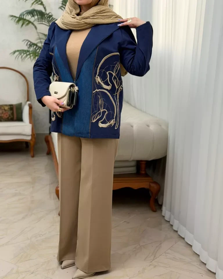 کت کتان گلدوزی نرگس - سرمه ای