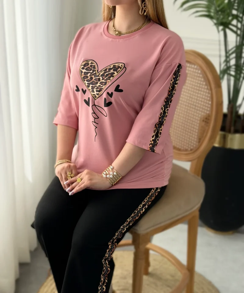 ست خانگی قلبی زنانه با جنس پنبه گلدوزی صورتی